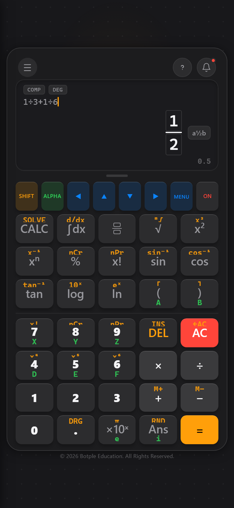 Botple Calc showing an exact fraction result of one half, displayed as a real boxed fraction instead of a decimal