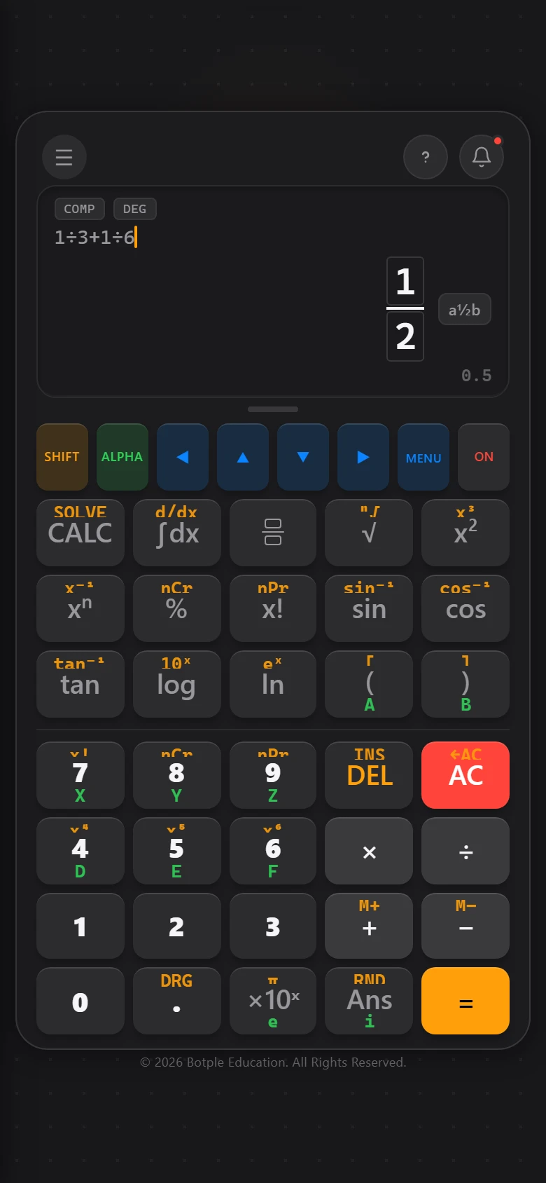 Botple Calc menunjukkan hasil pecahan tepat satu perdua, dipaparkan sebagai pecahan berkotak sebenar dan bukan perpuluhan