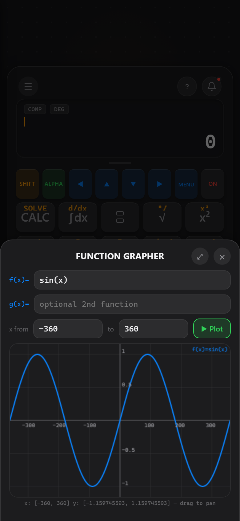 Botple Calc's function grapher showing a plotted sine curve with numbered axis ticks