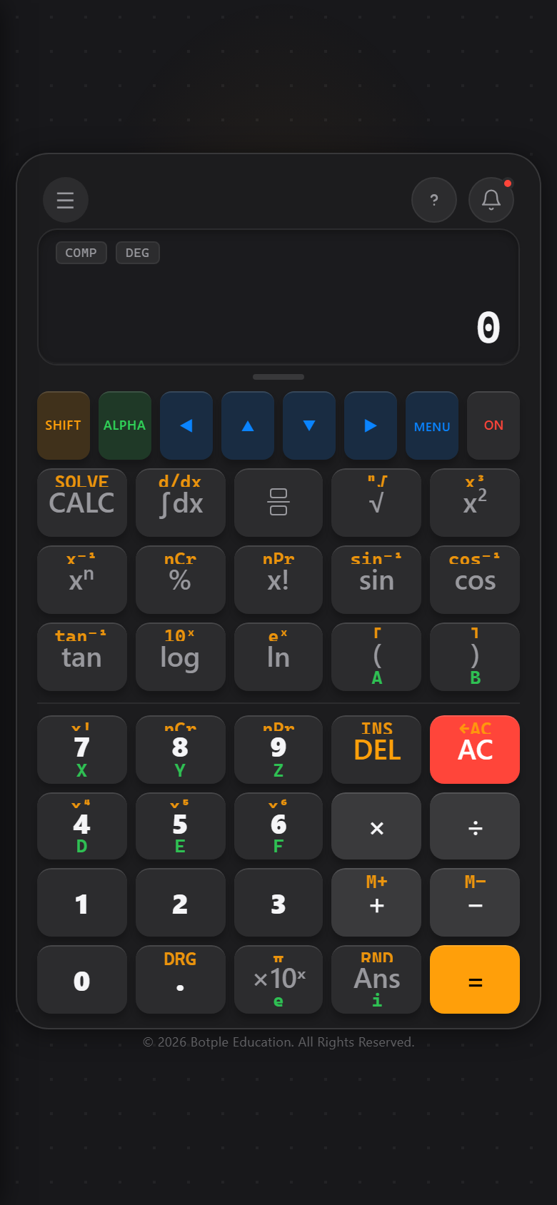 Botple Calc's scientific calculator, showing the full keypad