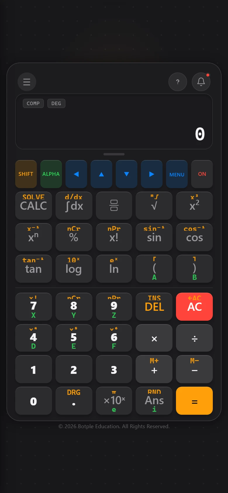 Kalkulator saintifik Botple Calc, menunjukkan papan kekunci penuh