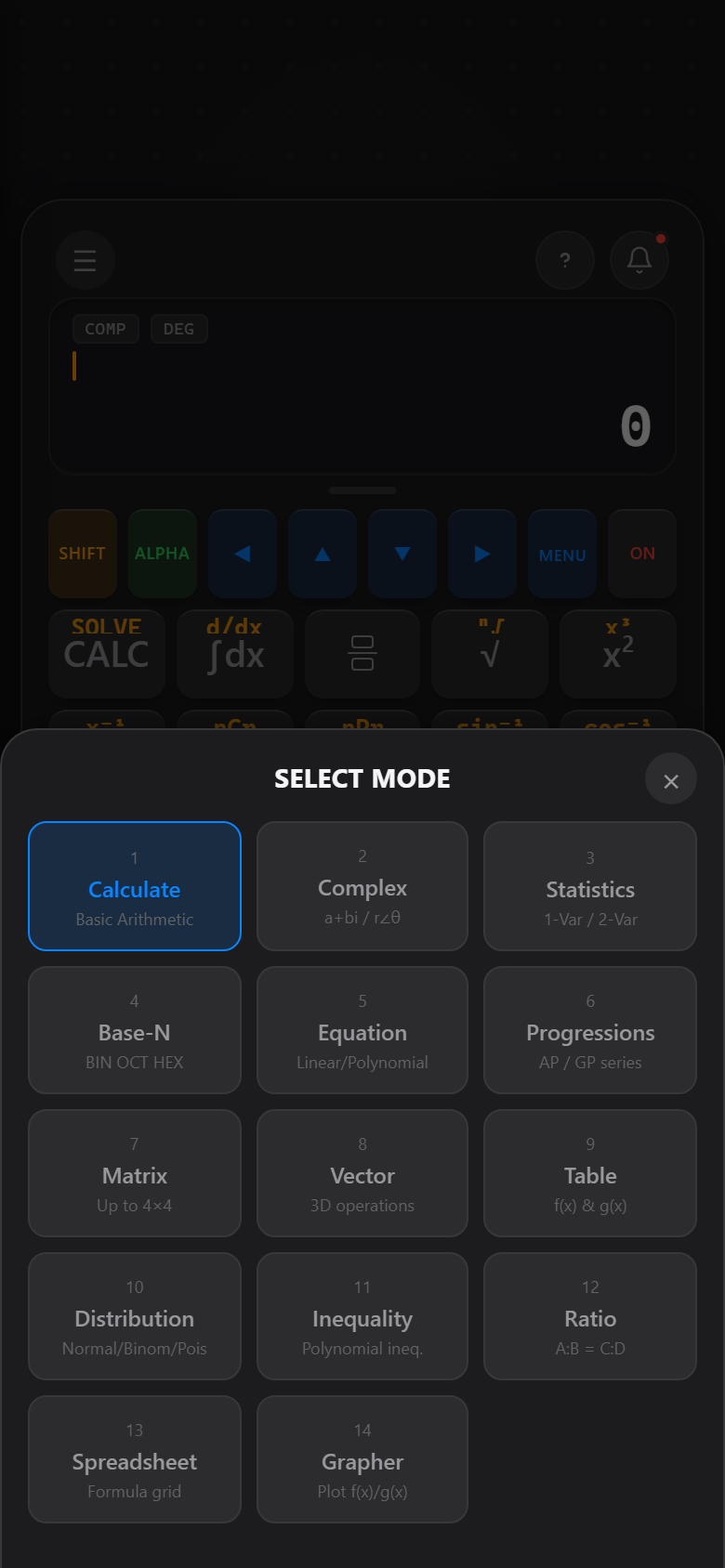 Botple Calc's mode menu showing all thirteen calculator modes in a grid