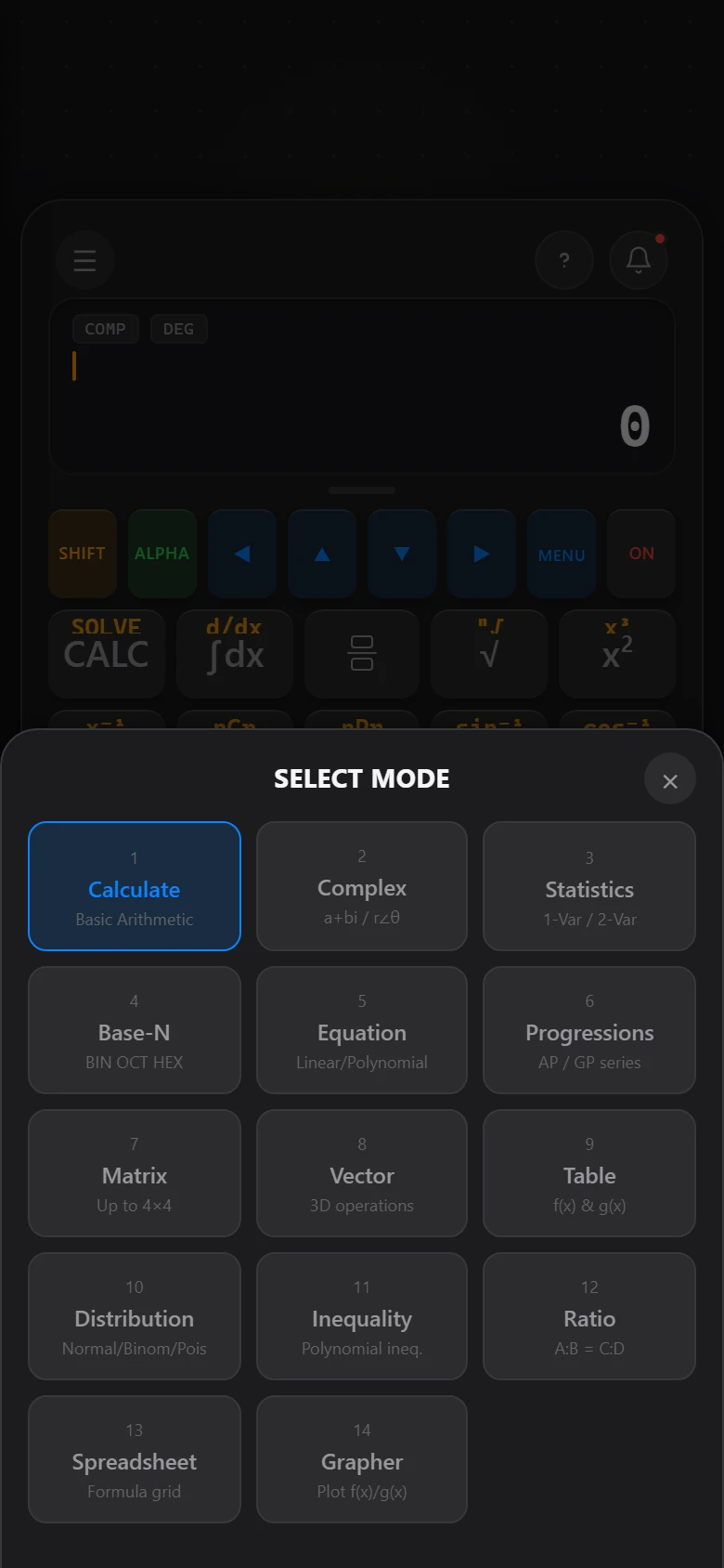 Menu mod Botple Calc memaparkan kesemua tiga belas mod kalkulator dalam bentuk grid