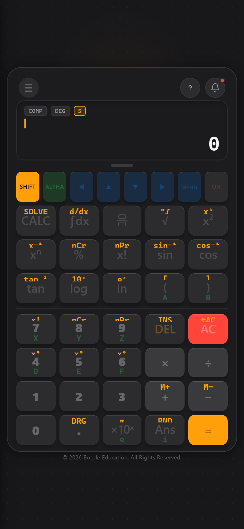 Botple Calc with SHIFT active, with the SHIFT and ALPHA keys both highlighted on the keypad