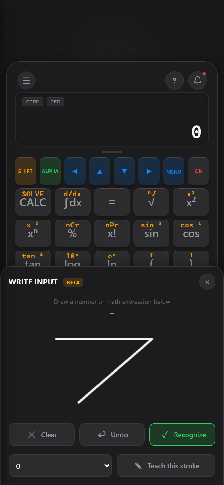 Botple Calc's handwriting input panel with a number drawn by hand for offline recognition