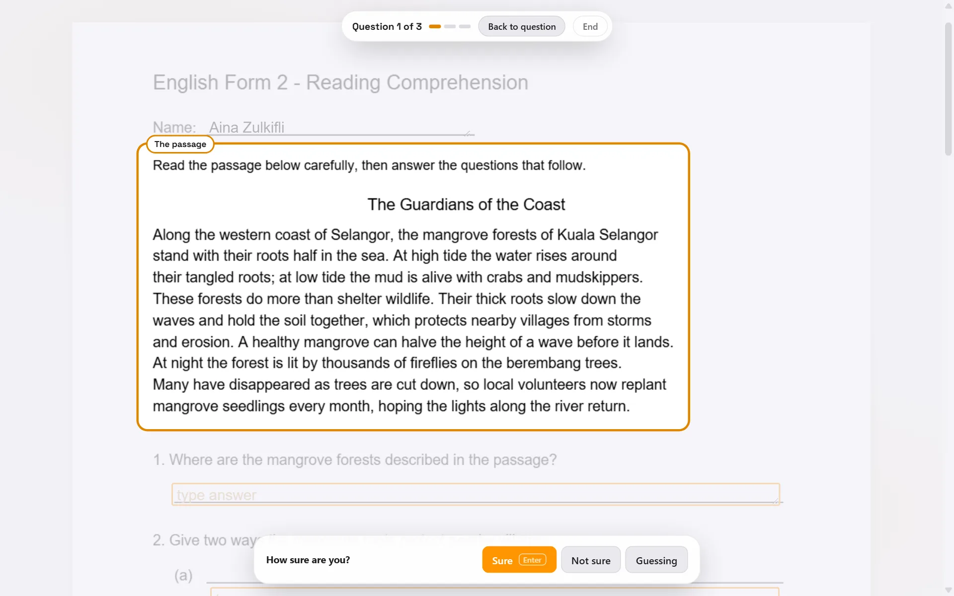 Quiz me with the reading passage framed