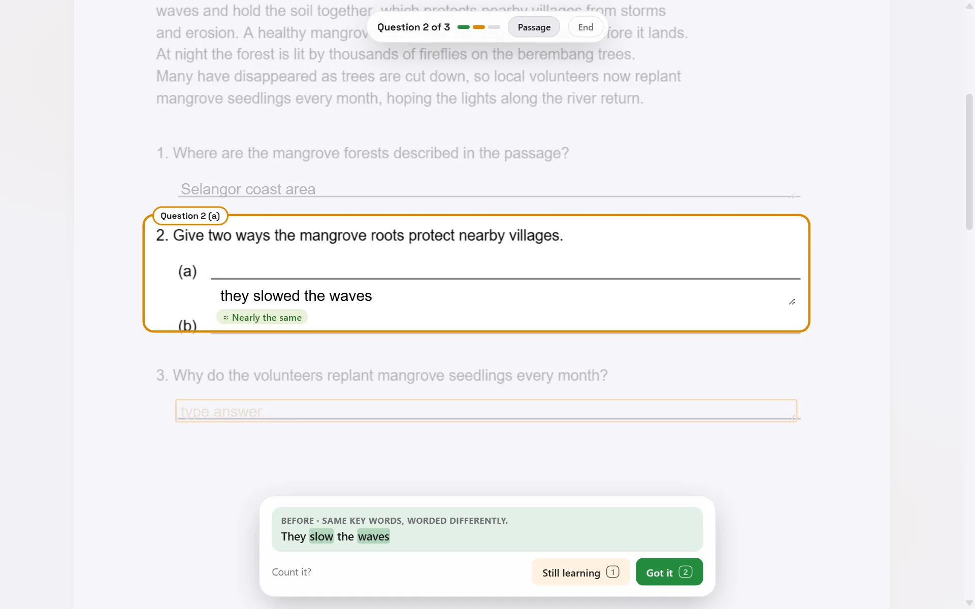 Quiz me showing a nearly-the-same answer with the matching words highlighted