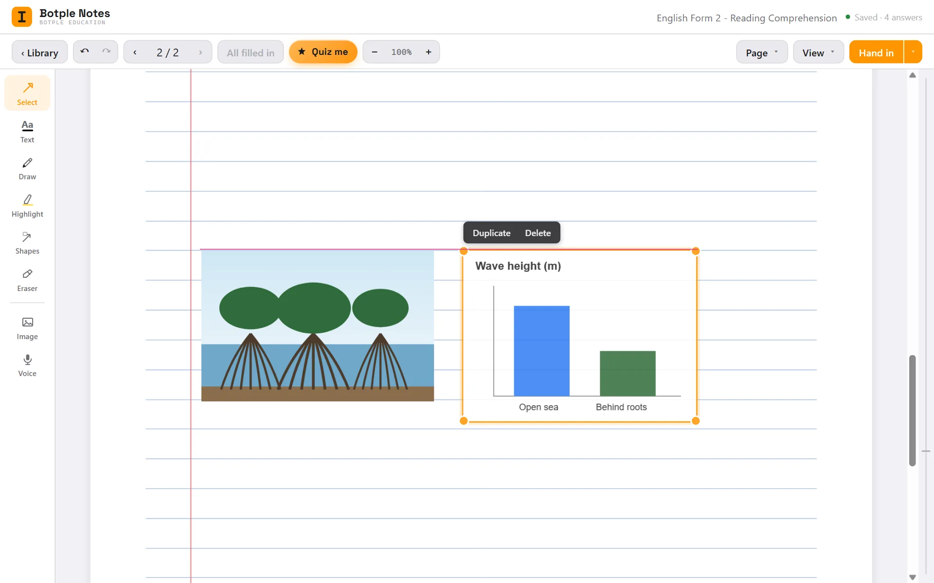 Two pictures on a blank page in Botple Notes: a chart being dragged so its top lines up with a drawing, with a thin guide line joining them